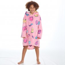 18C827: Older Girls Heart Print Over Sized Plush Hoodie (One Size - 7-13 Years)